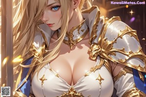 A woman in a white and gold outfit holding a sword.