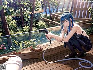 A woman sitting on a wooden deck holding a hose.